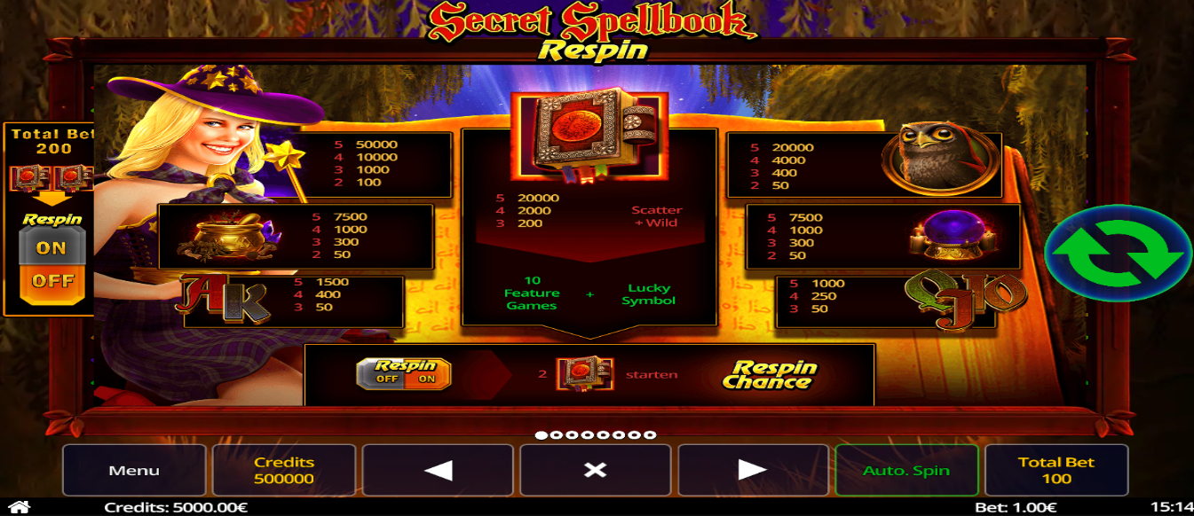 Secret Spellbook Respin Slot Paytable